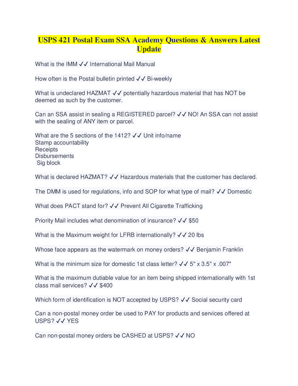 USPS 421 Postal Exam SSA Academy Questions & Answers Latest Update